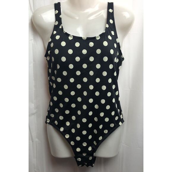 Swimsuit One Piece Women Large Black Ivory Polka Dot Pattern Padded Tank Classic - Picture 1 of 9